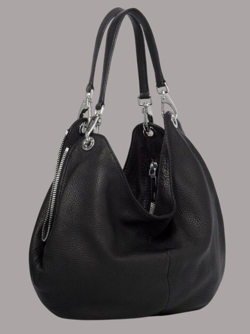 Botkier Soft Pebbled Black Leather Shoulder Tote Bag With Silver Accents